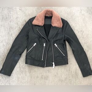 All Saints Leather Motorcycle Jacket with Fur collar